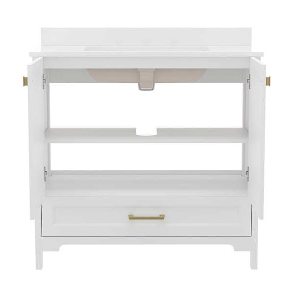 English Elm Commercial Grade 36 Inch Bathroom Vanity with Sink, Storage Cabinet with Soft Close Doors and Bottom Drawer, Carrara Marble Finish Countertop,