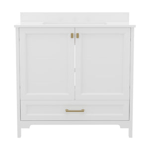 English Elm Commercial Grade 36 Inch Bathroom Vanity with Sink, Storage Cabinet with Soft Close Doors and Bottom Drawer, Carrara Marble Finish Countertop,