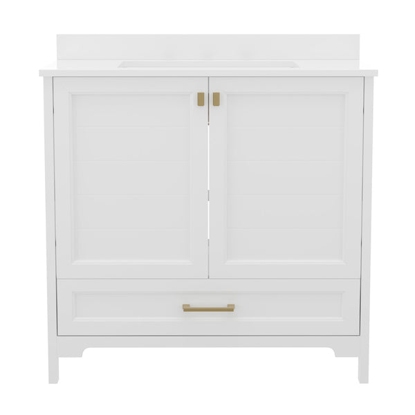 English Elm Commercial Grade 36 Inch Bathroom Vanity with Sink, Storage Cabinet with Soft Close Doors and Bottom Drawer, Carrara Marble Finish Countertop,