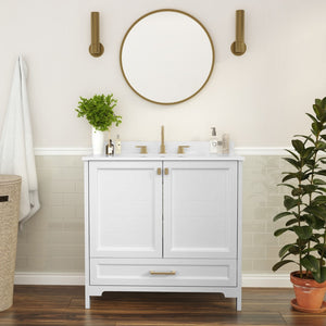 English Elm Commercial Grade 36 Inch Bathroom Vanity with Sink, Storage Cabinet with Soft Close Doors and Bottom Drawer, Carrara Marble Finish Countertop,