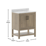 English Elm 30 Inch Bathroom Vanity with Sink Combo, Storage Cabinet with Soft Close Doors and Open Shelf, Carrara Marble Finish Countertop, /White