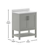 English Elm 30 Inch Bathroom Vanity with Sink Combo, Storage Cabinet with Soft Close Doors and Open Shelf, Carrara Marble Finish Countertop, /White