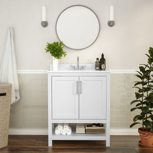 English Elm 30 Inch Bathroom Vanity with Sink Combo, Storage Cabinet with Soft Close Doors and Open Shelf, Carrara Marble Finish Countertop, /