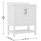 English Elm 30 Inch Bathroom Vanity with Sink Combo, Storage Cabinet with Soft Close Doors and Open Shelf, Carrara Marble Finish Countertop, /Gold