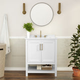 English Elm 30 Inch Bathroom Vanity with Sink Combo, Storage Cabinet with Soft Close Doors and Open Shelf, Carrara Marble Finish Countertop, /Gold