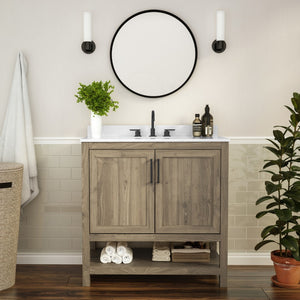 English Elm 36 Inch Bathroom Vanity with Sink Combo, Storage Cabinet with Soft Close Doors and Open Shelf, Carrara Marble Finish Countertop, /White