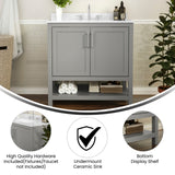 English Elm 36 Inch Bathroom Vanity with Sink Combo, Storage Cabinet with Soft Close Doors and Open Shelf, Carrara Marble Finish Countertop, /White