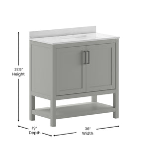 English Elm 36 Inch Bathroom Vanity with Sink Combo, Storage Cabinet with Soft Close Doors and Open Shelf, Carrara Marble Finish Countertop, /White