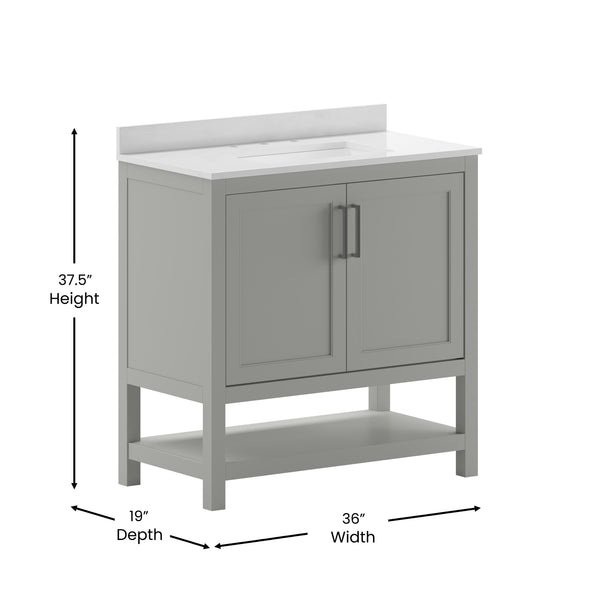 English Elm 36 Inch Bathroom Vanity with Sink Combo, Storage Cabinet with Soft Close Doors and Open Shelf, Carrara Marble Finish Countertop, /White