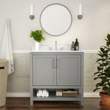 English Elm 36 Inch Bathroom Vanity with Sink Combo, Storage Cabinet with Soft Close Doors and Open Shelf, Carrara Marble Finish Countertop, /White