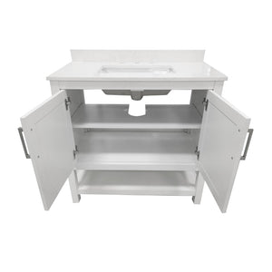 English Elm 36 Inch Bathroom Vanity with Sink Combo, Storage Cabinet with Soft Close Doors and Open Shelf, Carrara Marble Finish Countertop, /