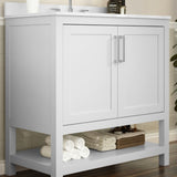 English Elm 36 Inch Bathroom Vanity with Sink Combo, Storage Cabinet with Soft Close Doors and Open Shelf, Carrara Marble Finish Countertop, /