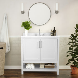 English Elm 36 Inch Bathroom Vanity with Sink Combo, Storage Cabinet with Soft Close Doors and Open Shelf, Carrara Marble Finish Countertop, /