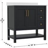 English Elm 36 Inch Bathroom Vanity with Sink, Storage Cabinet with Soft Close Doors, Open Shelf and 3 Drawers, Carrara Marble Finish Countertop, /Gold