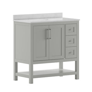English Elm 36 Inch Bathroom Vanity with Sink, Storage Cabinet with Soft Close Doors, Open Shelf and 3 Drawers, Carrara Marble Finish Countertop, /White