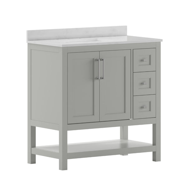 English Elm 36 Inch Bathroom Vanity with Sink, Storage Cabinet with Soft Close Doors, Open Shelf and 3 Drawers, Carrara Marble Finish Countertop, /White