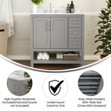 English Elm 36 Inch Bathroom Vanity with Sink, Storage Cabinet with Soft Close Doors, Open Shelf and 3 Drawers, Carrara Marble Finish Countertop, /White