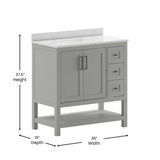 English Elm 36 Inch Bathroom Vanity with Sink, Storage Cabinet with Soft Close Doors, Open Shelf and 3 Drawers, Carrara Marble Finish Countertop, /White