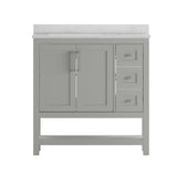 English Elm 36 Inch Bathroom Vanity with Sink, Storage Cabinet with Soft Close Doors, Open Shelf and 3 Drawers, Carrara Marble Finish Countertop, /White