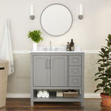 English Elm 36 Inch Bathroom Vanity with Sink, Storage Cabinet with Soft Close Doors, Open Shelf and 3 Drawers, Carrara Marble Finish Countertop, /White