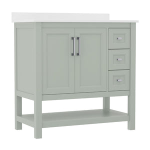 English Elm 36 Inch Bathroom Vanity with Sink, Storage Cabinet with Soft Close Doors, Open Shelf and 3 Drawers, Carrara Marble Finish Countertop, Sage