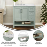 English Elm 36 Inch Bathroom Vanity with Sink, Storage Cabinet with Soft Close Doors, Open Shelf and 3 Drawers, Carrara Marble Finish Countertop, Sage