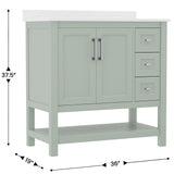 English Elm 36 Inch Bathroom Vanity with Sink, Storage Cabinet with Soft Close Doors, Open Shelf and 3 Drawers, Carrara Marble Finish Countertop, Sage