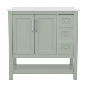 English Elm 36 Inch Bathroom Vanity with Sink, Storage Cabinet with Soft Close Doors, Open Shelf and 3 Drawers, Carrara Marble Finish Countertop, Sage