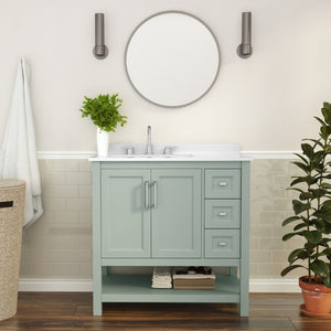 English Elm 36 Inch Bathroom Vanity with Sink, Storage Cabinet with Soft Close Doors, Open Shelf and 3 Drawers, Carrara Marble Finish Countertop, Sage