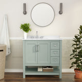 36 Inch Bathroom Vanity with Sink, Storage Cabinet with Soft Close Doors, Open Shelf and 3 Drawers, Carrara Marble Finish Countertop, Sage