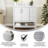 English Elm 36 Inch Bathroom Vanity with Sink, Storage Cabinet with Soft Close Doors, Open Shelf and 3 Drawers, Carrara Marble Finish Countertop, /