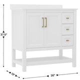 English Elm 36 Inch Bathroom Vanity with Sink, Storage Cabinet with Soft Close Doors, Open Shelf and 3 Drawers, Carrara Marble Finish Countertop, /Gold