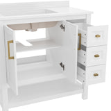 English Elm 36 Inch Bathroom Vanity with Sink, Storage Cabinet with Soft Close Doors, Open Shelf and 3 Drawers, Carrara Marble Finish Countertop, /Gold