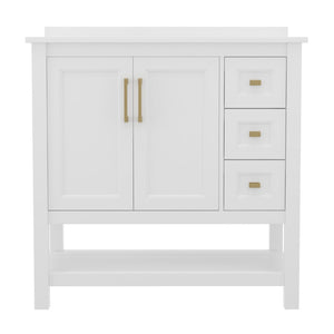 English Elm 36 Inch Bathroom Vanity with Sink, Storage Cabinet with Soft Close Doors, Open Shelf and 3 Drawers, Carrara Marble Finish Countertop, /Gold
