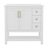 English Elm 36 Inch Bathroom Vanity with Sink, Storage Cabinet with Soft Close Doors, Open Shelf and 3 Drawers, Carrara Marble Finish Countertop, /Gold