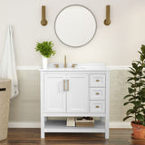 English Elm 36 Inch Bathroom Vanity with Sink, Storage Cabinet with Soft Close Doors, Open Shelf and 3 Drawers, Carrara Marble Finish Countertop, /Gold