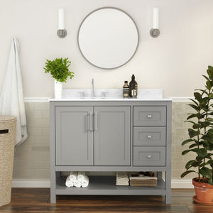 English Elm 42 Inch Bathroom Vanity with Sink, Storage Cabinet with Soft Close Doors, Open Shelf and 3 Drawers, Carrara Marble Finish Countertop, /White