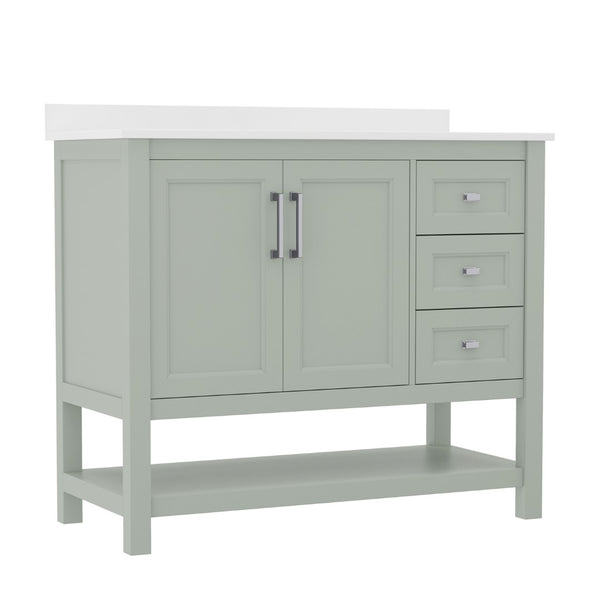 English Elm 42 Inch Bathroom Vanity with Sink, Storage Cabinet with Soft Close Doors, Open Shelf and 3 Drawers, Carrara Marble Finish Countertop, Sage