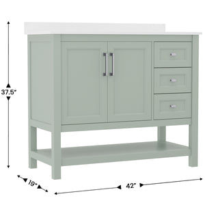 English Elm 42 Inch Bathroom Vanity with Sink, Storage Cabinet with Soft Close Doors, Open Shelf and 3 Drawers, Carrara Marble Finish Countertop, Sage