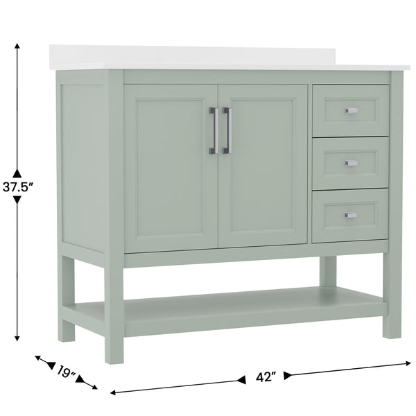 English Elm 42 Inch Bathroom Vanity with Sink, Storage Cabinet with Soft Close Doors, Open Shelf and 3 Drawers, Carrara Marble Finish Countertop, Sage