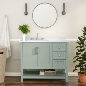 English Elm 42 Inch Bathroom Vanity with Sink, Storage Cabinet with Soft Close Doors, Open Shelf and 3 Drawers, Carrara Marble Finish Countertop, Sage