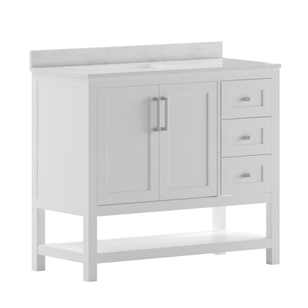 English Elm 42 Inch Bathroom Vanity with Sink, Storage Cabinet with Soft Close Doors, Open Shelf and 3 Drawers, Carrara Marble Finish Countertop, /