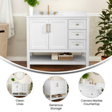 English Elm 42 Inch Bathroom Vanity with Sink, Storage Cabinet with Soft Close Doors, Open Shelf and 3 Drawers, Carrara Marble Finish Countertop, /Gold