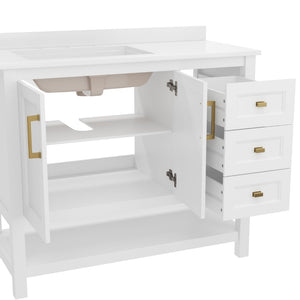 English Elm 42 Inch Bathroom Vanity with Sink, Storage Cabinet with Soft Close Doors, Open Shelf and 3 Drawers, Carrara Marble Finish Countertop, /Gold