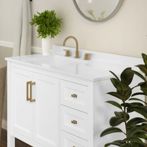 English Elm 42 Inch Bathroom Vanity with Sink, Storage Cabinet with Soft Close Doors, Open Shelf and 3 Drawers, Carrara Marble Finish Countertop, /Gold