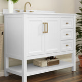 English Elm 42 Inch Bathroom Vanity with Sink, Storage Cabinet with Soft Close Doors, Open Shelf and 3 Drawers, Carrara Marble Finish Countertop, /Gold