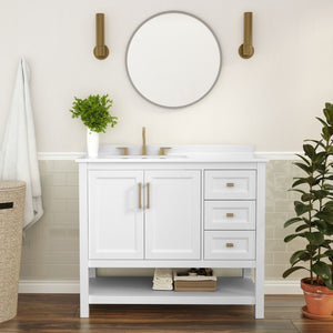 English Elm 42 Inch Bathroom Vanity with Sink, Storage Cabinet with Soft Close Doors, Open Shelf and 3 Drawers, Carrara Marble Finish Countertop, /Gold