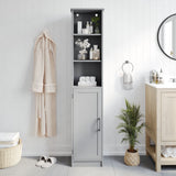 Freestanding Linen Tower Storage Cabinet with Magnetic Close Door, In-Cabinet Adjustable Shelf, and 3 Upper Open Shelves