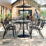 English Elm Commercial Grade 5 Piece Commercial Outdoor Patio Dining Set with 47" Glass Patio Table, 2 Triple Slat Chairs and 2 Triple Slat Chairs with Arms