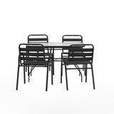 English Elm Commercial Grade 5 Piece Commercial Outdoor Patio Dining Set with 47" Glass Patio Table, 2 Triple Slat Chairs and 2 Triple Slat Chairs with Arms